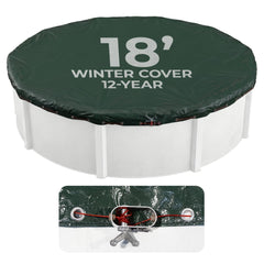 Blue Wave front view of green Arctic Armor cover showing full pool protection
