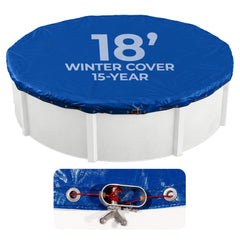 Blue Wave front view of 18-ft winter cover showing full coverage and protection