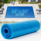 Blue Wave front view of solar cover packaging showing product and size benefit