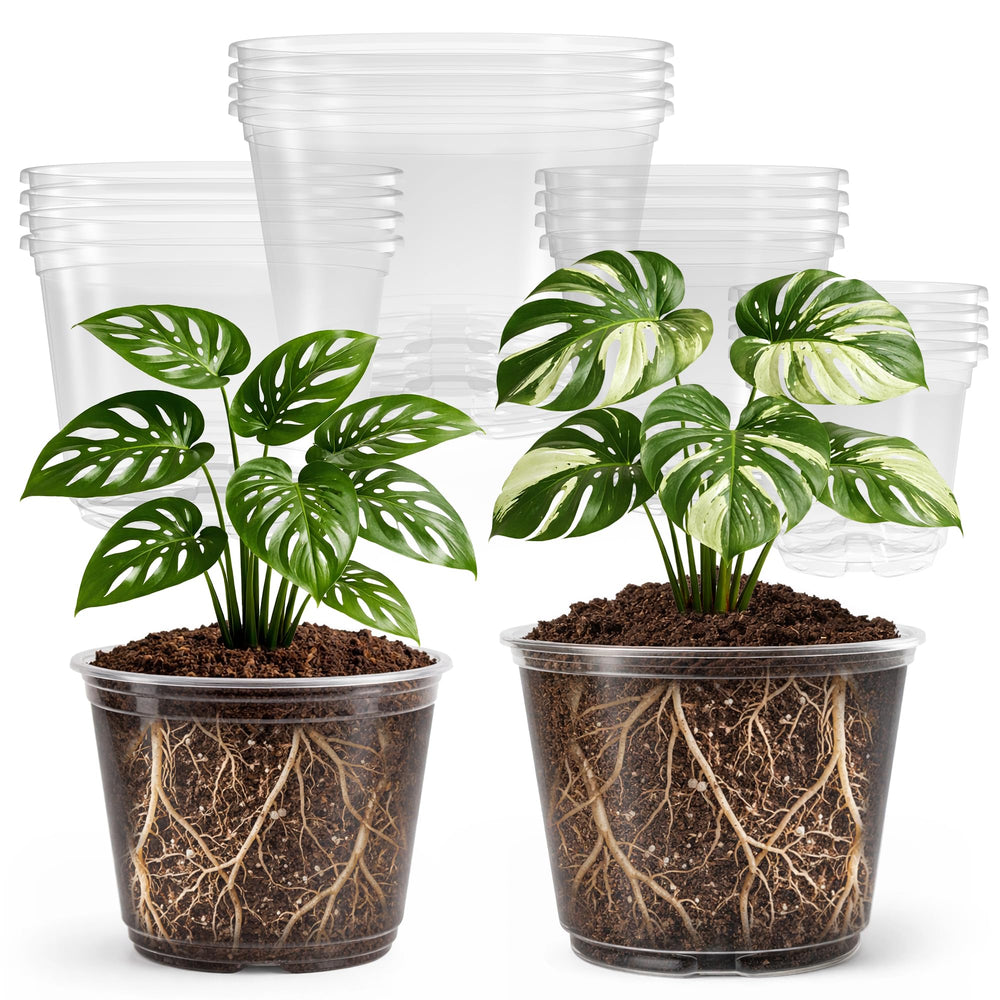 Bluepro front view of 16-pack clear nursery pots shows packed set benefit