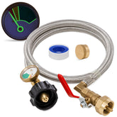 BlueStars front view of adapter hose clearly showing fittings and gauge for safer refilling