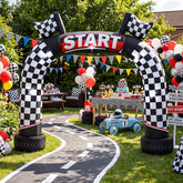 Blueweenly arch front view showing START sign and bold checkered design for event impact