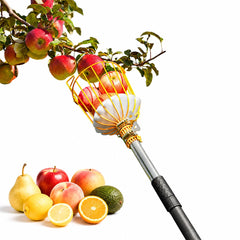 BlumeTrec pole front view showing full picker and sturdy basket for safer harvesting