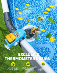 BluSwim solar thermometer display on skimmer offering battery-free temperature readings