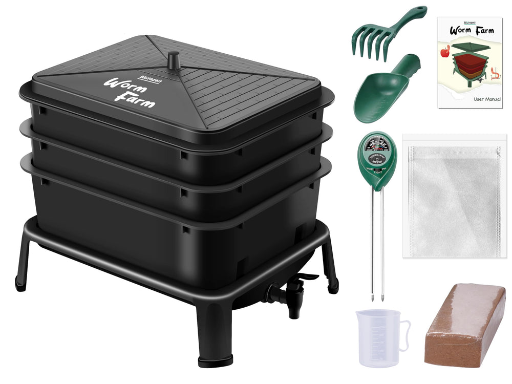 Blütezeit front view of worm composter showing stackable trays and lid benefit easy setup