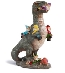 BOIHEGU front view of dinosaur eating gnomes statue, playful garden focal point
