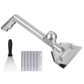 BOLEXINO front view of griddle scraper showing robust build and included blades, improves cleaning speed