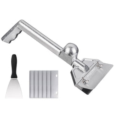 BOLEXINO front view of griddle scraper showing robust build and included blades, improves cleaning speed