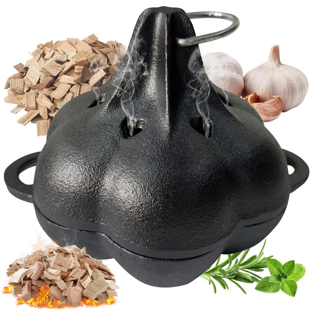 BOLVOUD front view showing compact cast iron smoker and lid, durable construction benefit