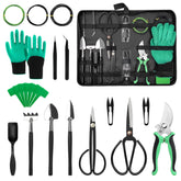 Bonfino front view of full 21-piece bonsai kit showing organized tools and case for convenience