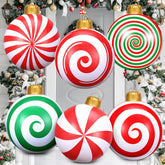 Booson front view of six packaged inflatable Christmas balls showing bright colors and shapes