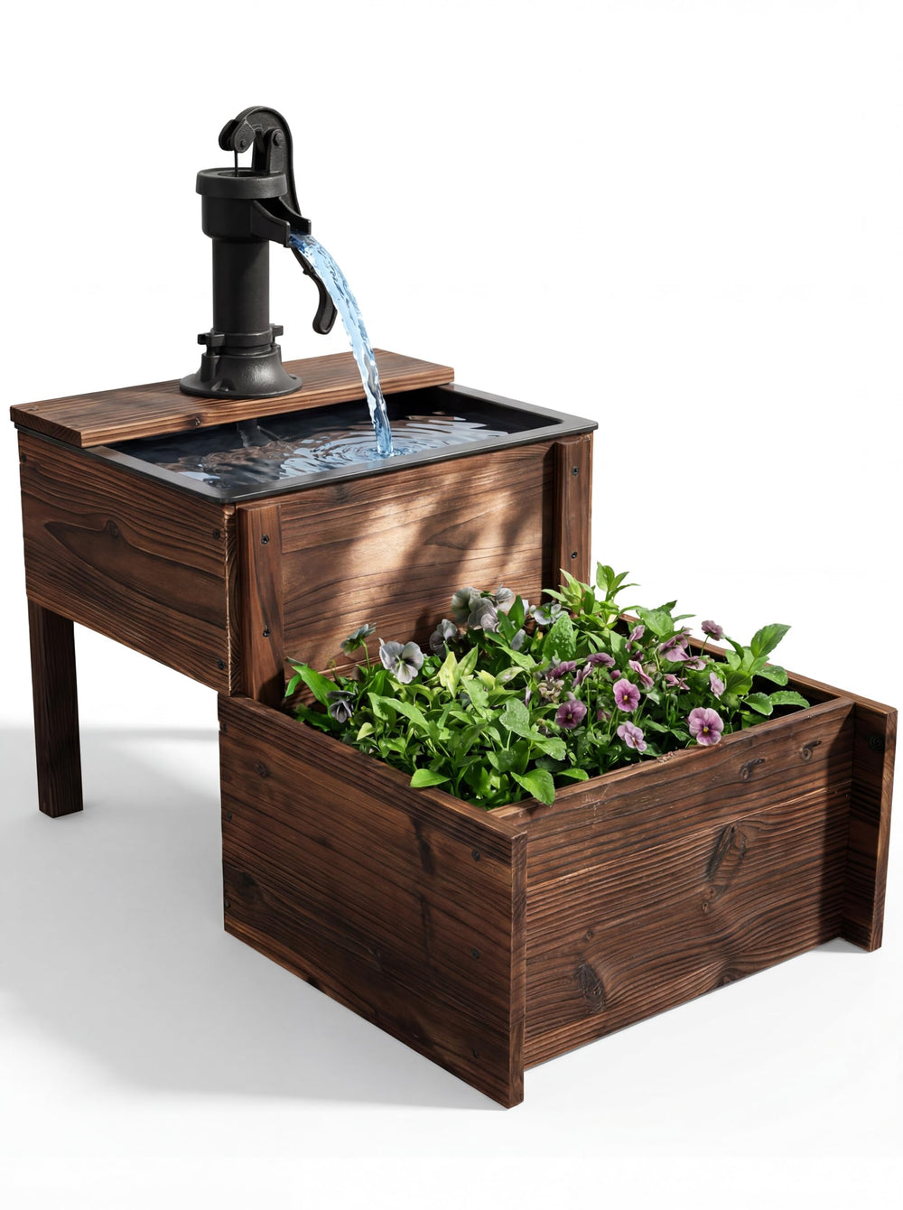 Borsynium front view of wooden fountain shows rustic charm and focal benefit