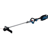 Bosch front view of GRT18V-40N trimmer showing wide 16-inch swath and efficient reach