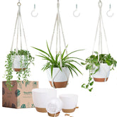 Bouqlife front view of three self-watering hanging planters showing sizes and hooks, adds stylish storage