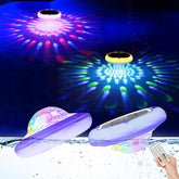 BOXPSII front view of floating pool light showing bright multi-color glow
