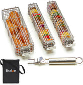 Braize front packaging showcasing the 3-piece kabob basket set and included bag for organized storage
