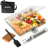 Braize front view of stainless steel grill basket showing roomy cooking surface benefit