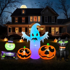BRDJade front view of 8ft inflatable showing pumpkin ghost and cat with vibrant colors