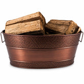 BREKX front view of copper galvanized firewood tub showing tidy storage benefit