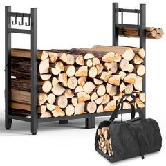 Brightown front view of 34-inch firewood rack showing neat stacked storage and durable finish