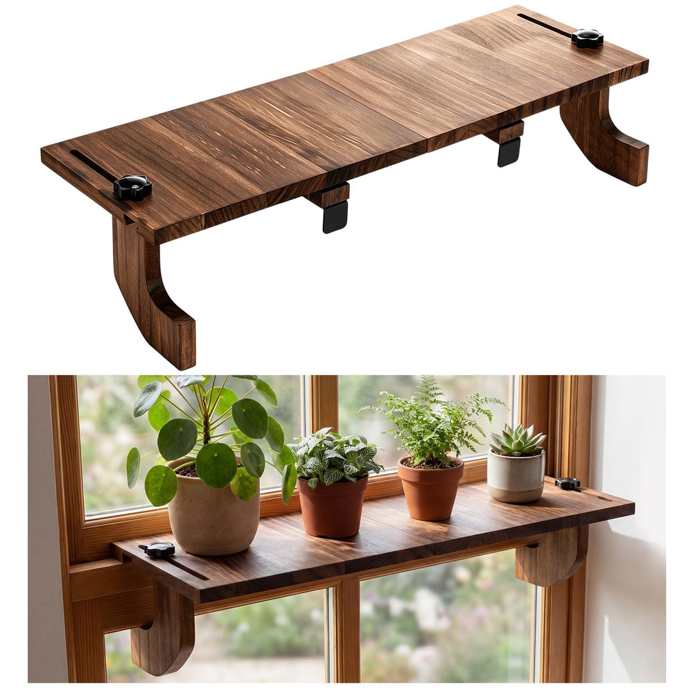 BrightRow front view of brown window plant shelf showing clean finish and benefit of added display space