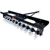Brinly front view of tow-behind aerator showing durable frame and stars for efficient aeration