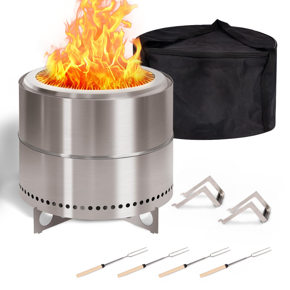BRIOPAWS front view of assembled fire pit showing sleek stainless-steel and portability benefits