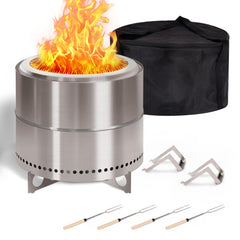 BRIOPAWS front view of assembled fire pit showing sleek stainless-steel and portability benefits