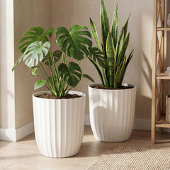 Briwooody front view of two white planters showcasing modern fluted design and balance