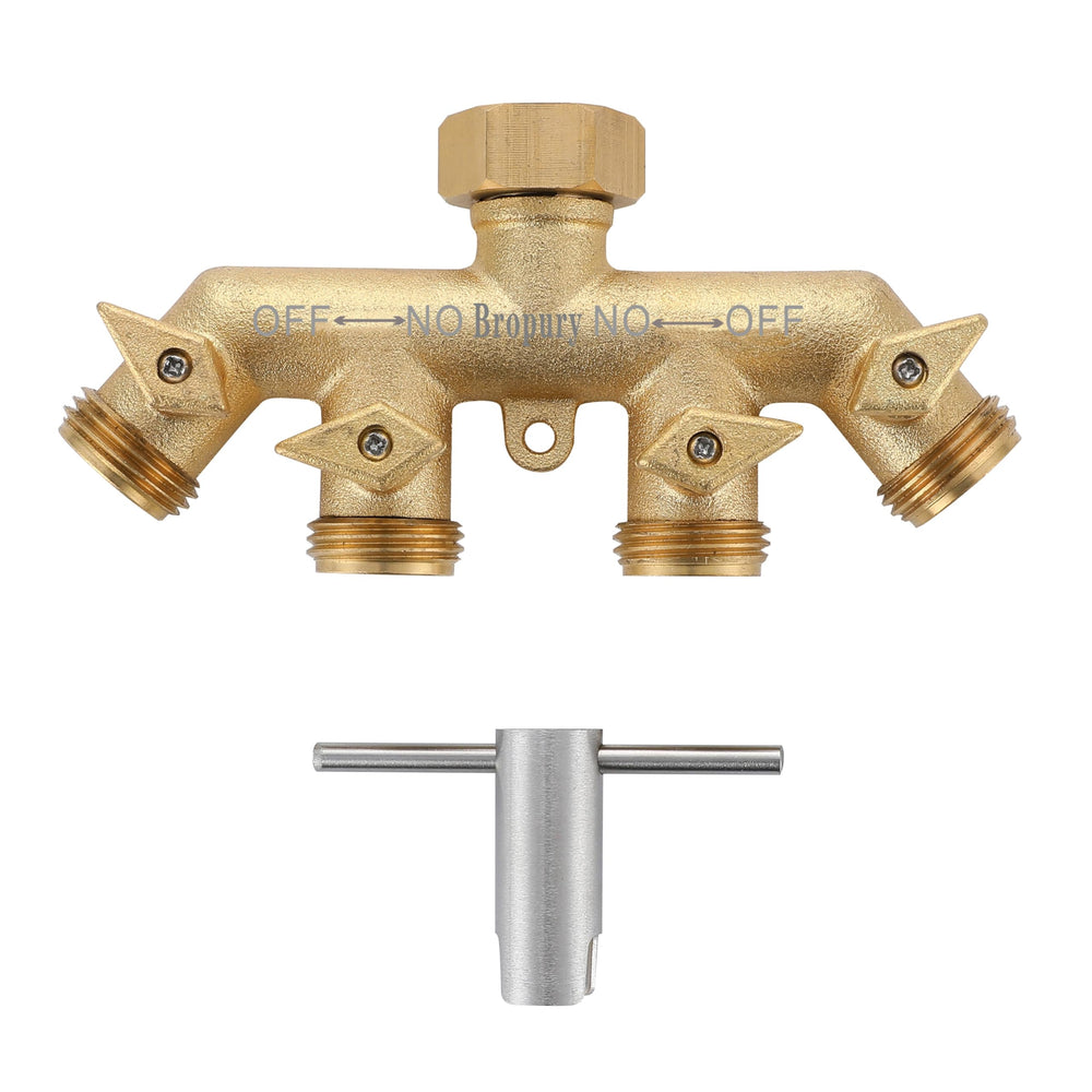 Bropury 4-way front view showing all four outlets and brass finish, durable control