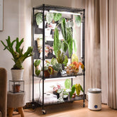 Bstrip front view of full shelving unit showing organized plants and lights