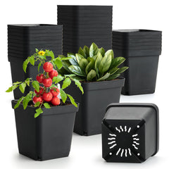 BTPLASTIK front view of 50-piece black square nursery pots showing uniform set and capacity benefit