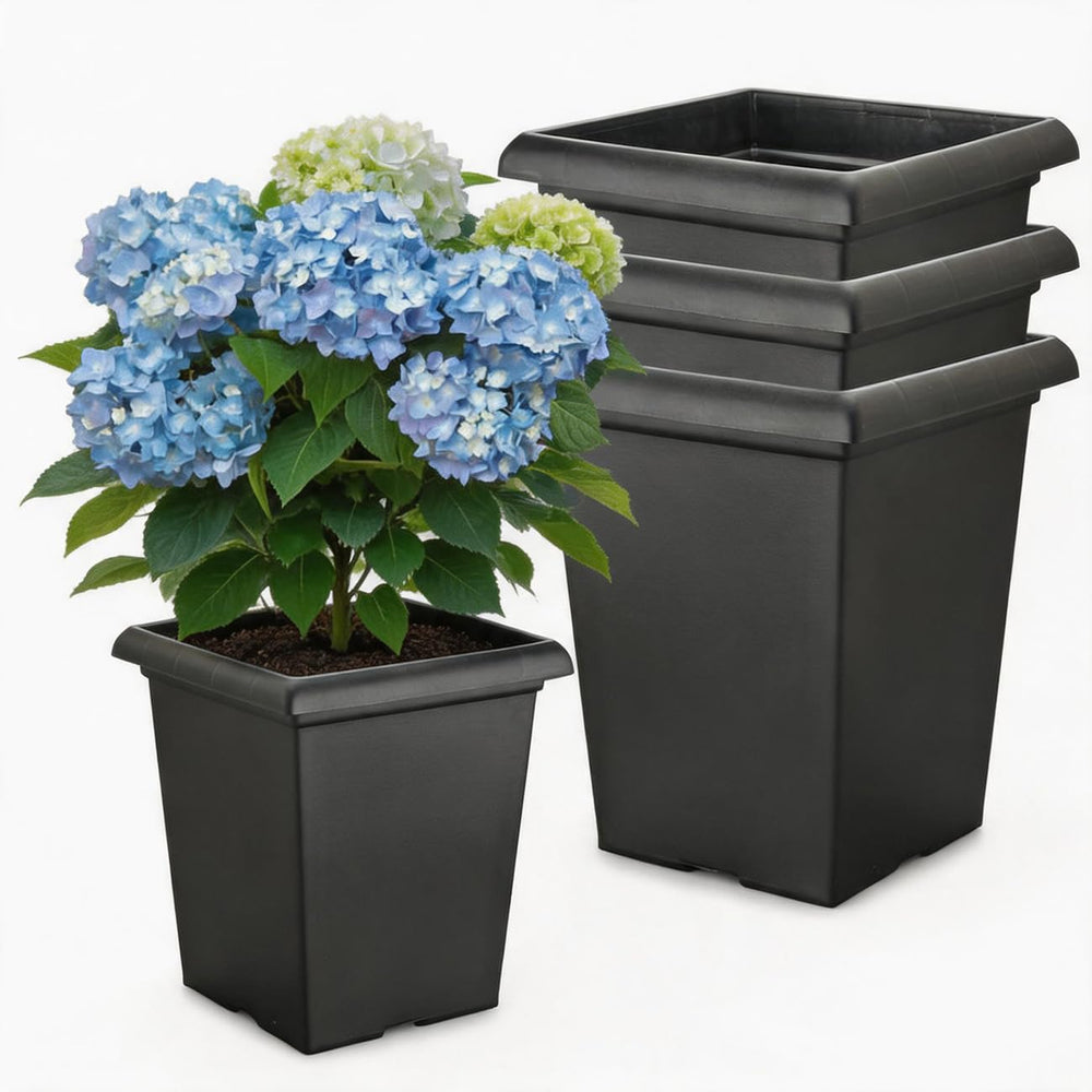 BTPLASTIK front view of matte black square planter showing clean lines and space-saving benefit