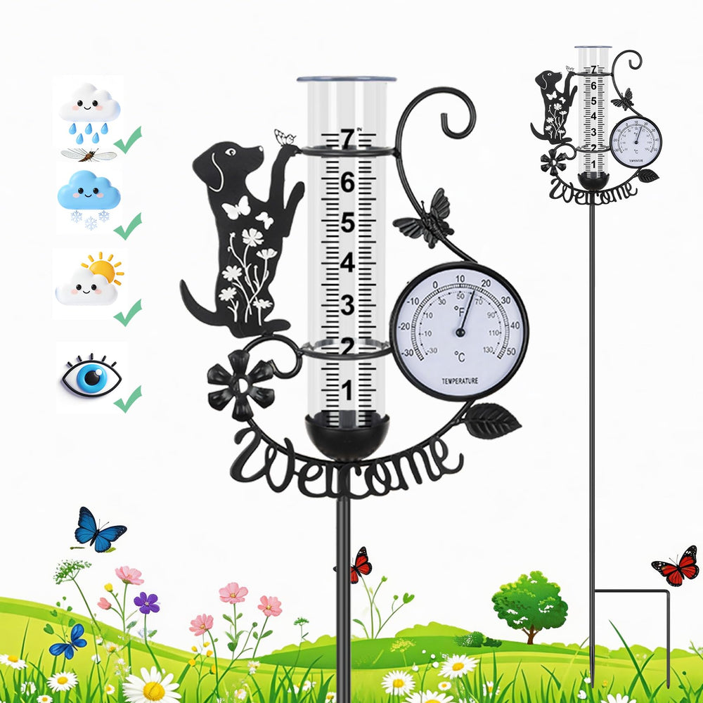 BUARO8AGA front view showing full rain gauge and puppy design for garden charm