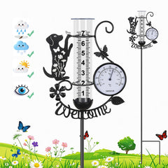 BUARO8AGA front view showing full rain gauge and puppy design for garden charm