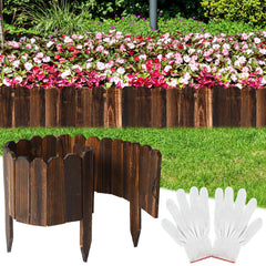 Bucherry front view of bundled wooden garden edging showing vintage finish and gloves benefit