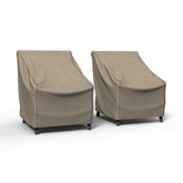 Budge front view of covered patio chair showing full protection and stylish tan tweed