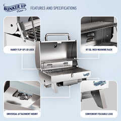 Bunker Up Fishin' warming rack detail showing 87 sq.in space for keeping food warm