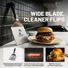 Burger Iron close-up of beveled edge for easy sliding and scraping benefit