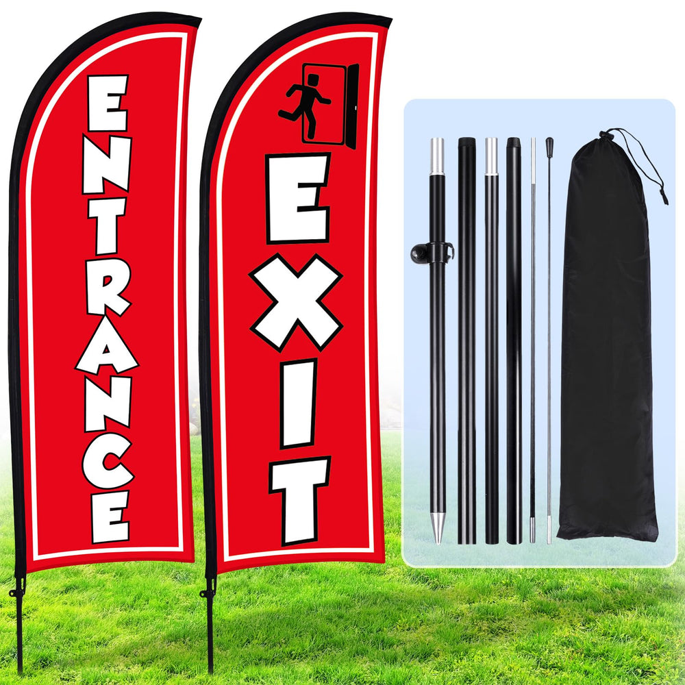 Buryeah front view of red entrance exit feather flag showing clear directional signage and visibility