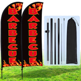 Buryeah front view of black barbecue feather flag showing clear branding and high visibility