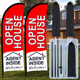 Buryeah front view of red open house feather flag showing clear branding and visibility
