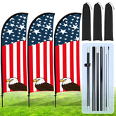 Buryeah front view of three American feather flags showing bright patriotic design and high visibility