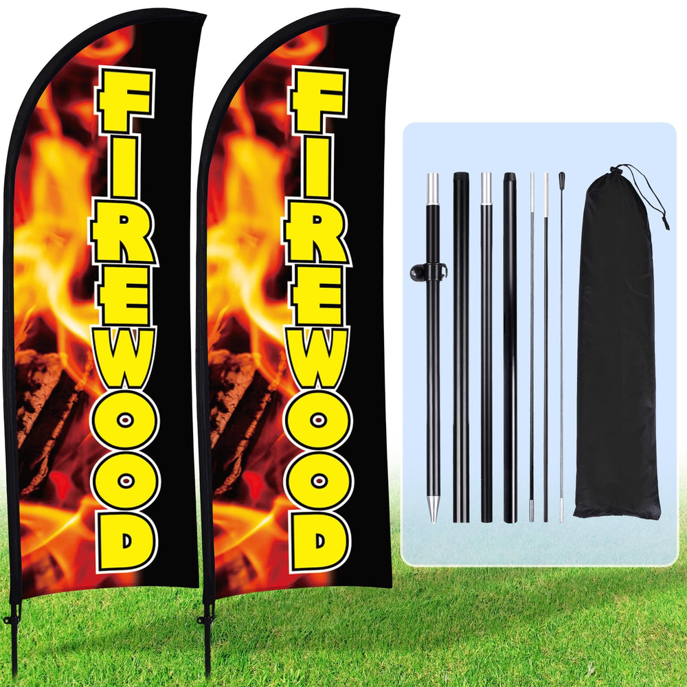 Buryeah front packaging showing two assembled firewood flags for fast advertising