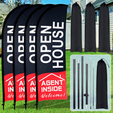Buryeah front view of four feather flags boosting curbside visibility