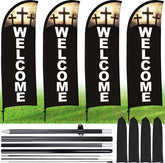Buryeah front view of two assembled welcome feather flags showing high visibility