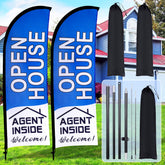 Buryeah front view of two blue feather flags showing high visibility