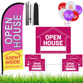 Buryeah full kit laid out showing flag, signs, stakes and balloons for quick setup