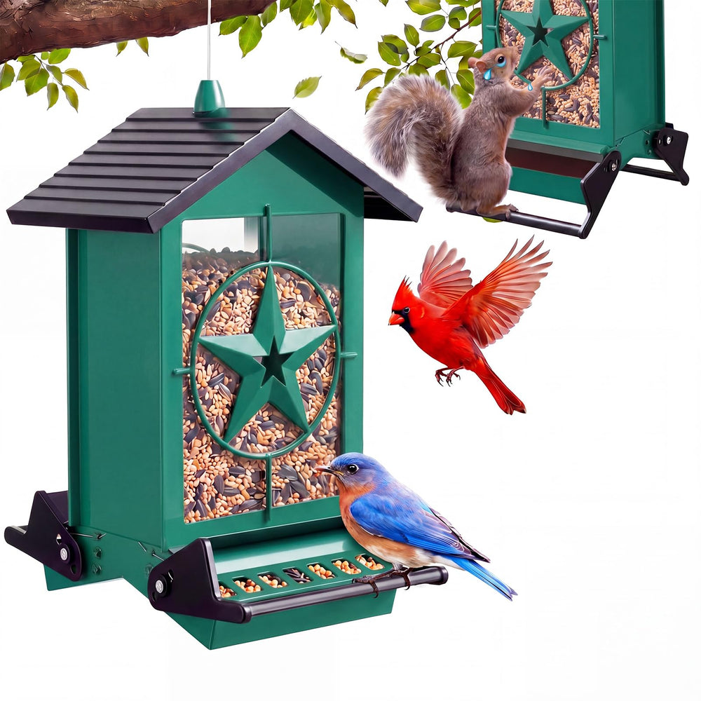 buteafly front view of blue feeder showing hanging design and bird access benefits