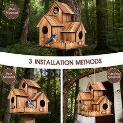 BXYEE close-up of 1.7-inch entry holes benefit: sized for small songbirds to enter safely